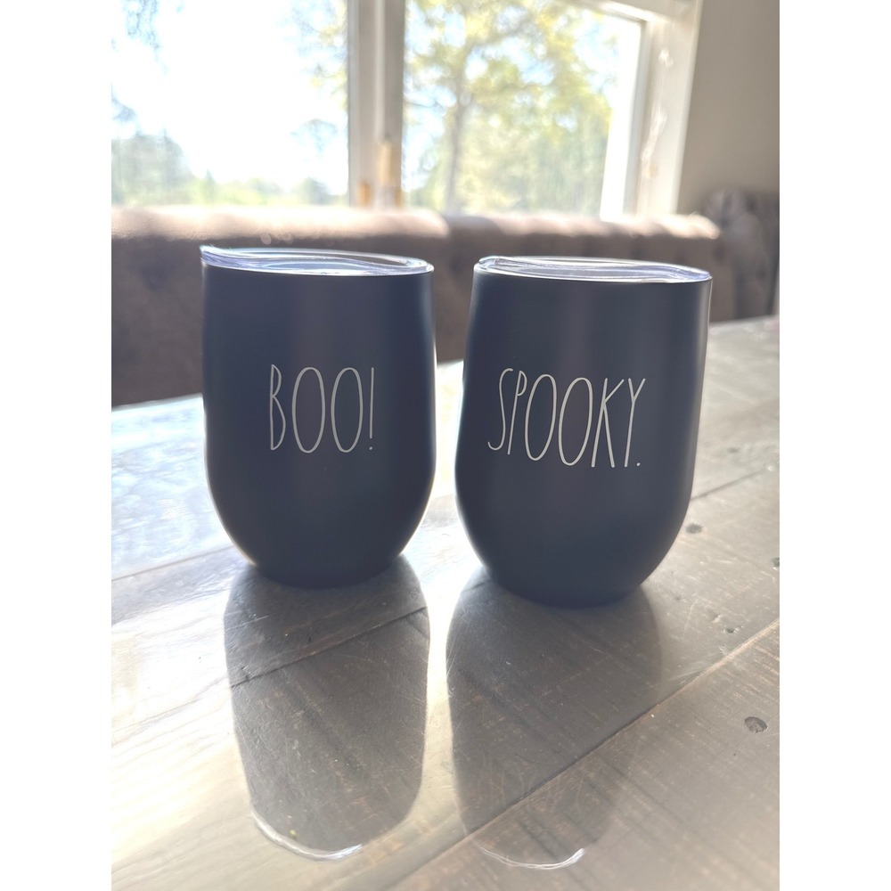Rae Dunn Halloween Boo Spooky Matte Black Insulated Wine Tumbler Set of 2 Lids